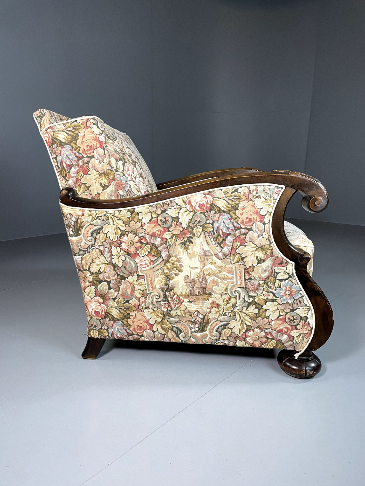 Vintage Danish Lounge Chair, Antique, Floral, Carved Wood Frame, EB2466 VCAR - UKDK FURNITURE