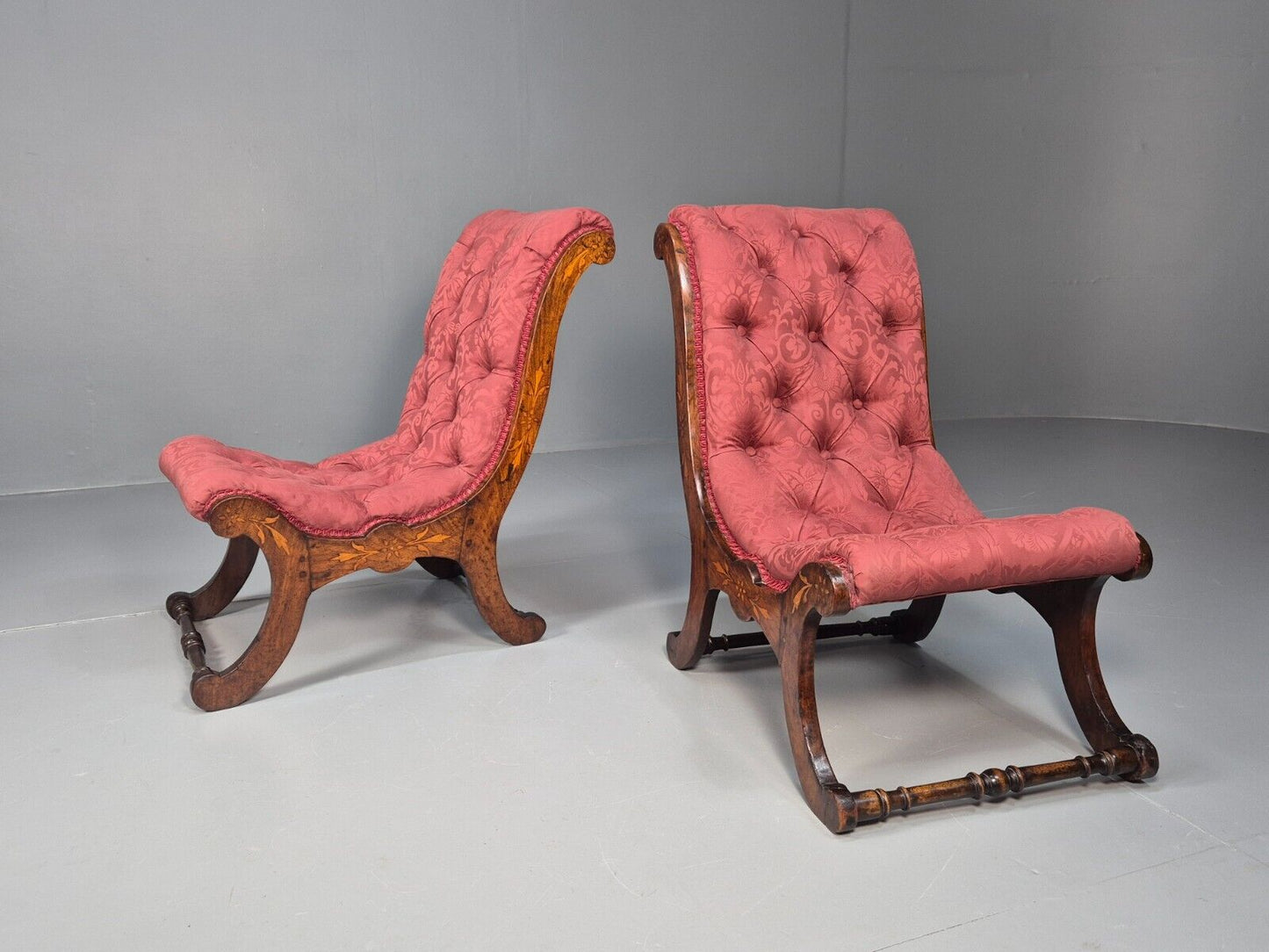 2 Vintage Slipper Chairs Pink Cotton Rosewood Inlay Antique EB8874 VCLO - UKDK FURNITURE