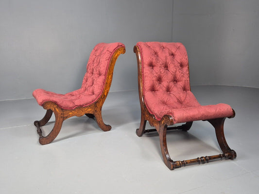 2 Vintage Slipper Chairs Pink Cotton Rosewood Inlay Antique EB8874 VCLO - UKDK FURNITURE