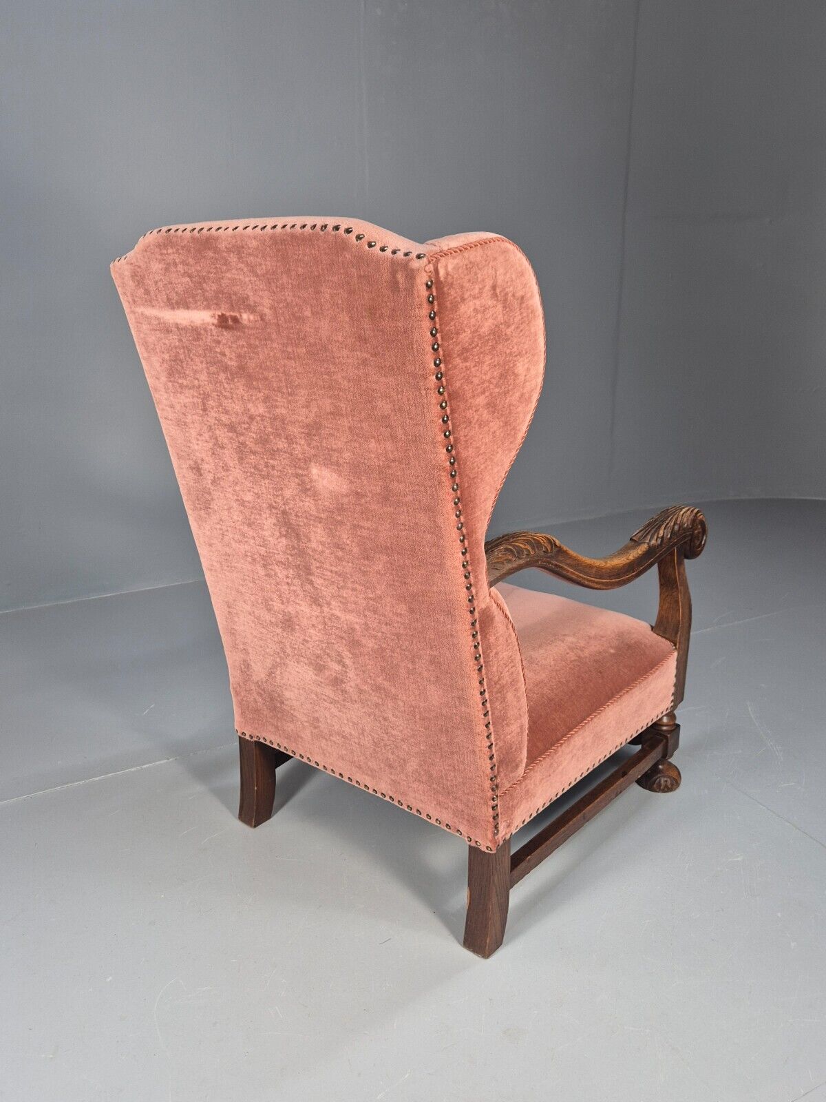 Vintage Danish Lounge Chair Pink Peach Velour Oak 17th Century Style EB8985 VCLO - UKDK FURNITURE