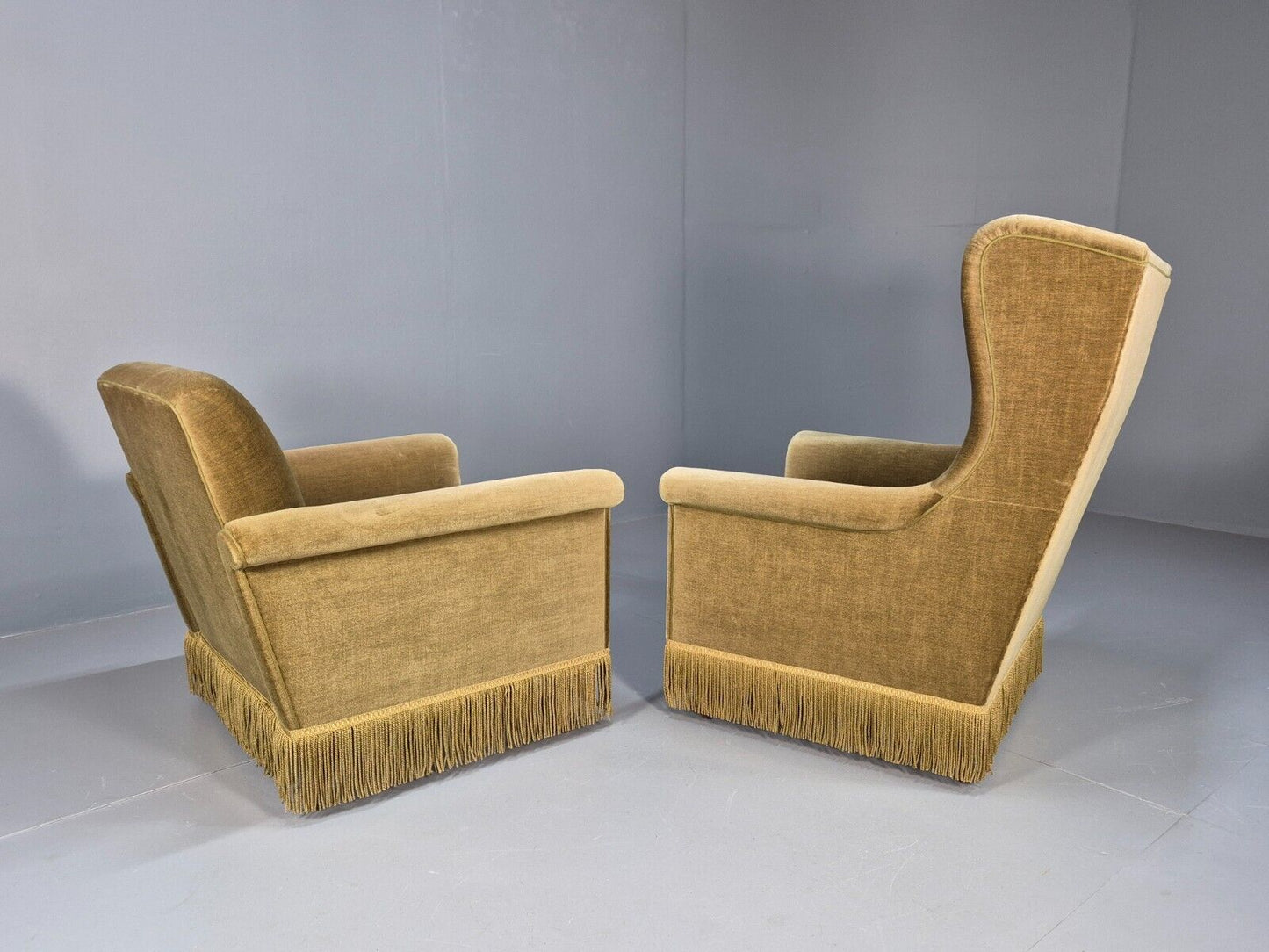 2 High and Low Back Danish Midcentury Chairs Green Velour Tassels EB8968 MNOR - UKDK FURNITURE