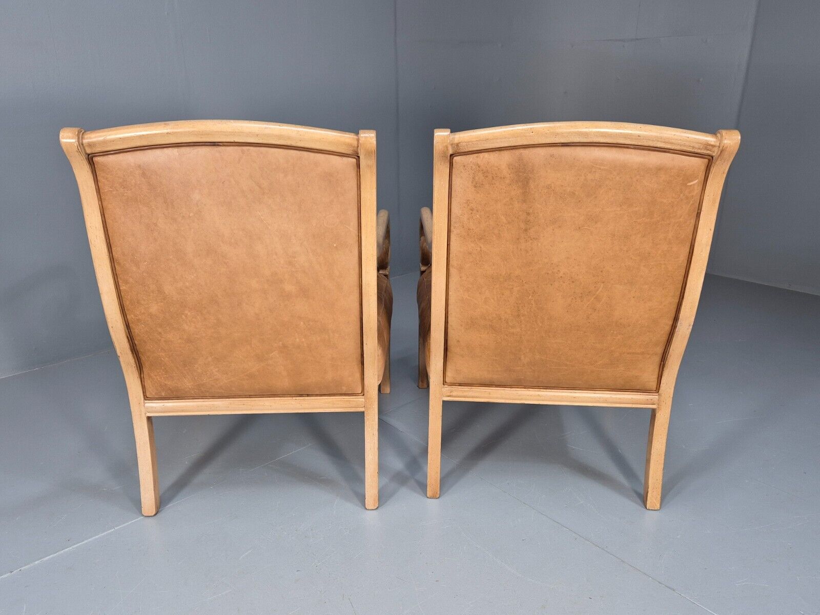 2 Vintage Lounge Chairs Tan Leather Cream Wood Frame Antique Style EB9028 VLEA - UKDK FURNITURE