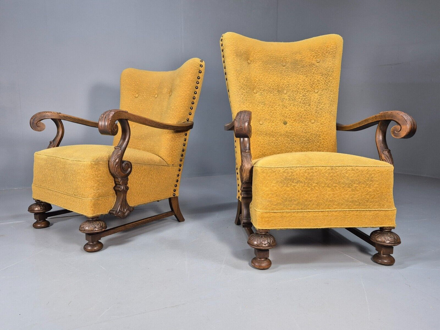 2 Vintage Baroque Armchgairs in Oak and Mustard Moquette 1940s EB9005 VCLO - UKDK FURNITURE