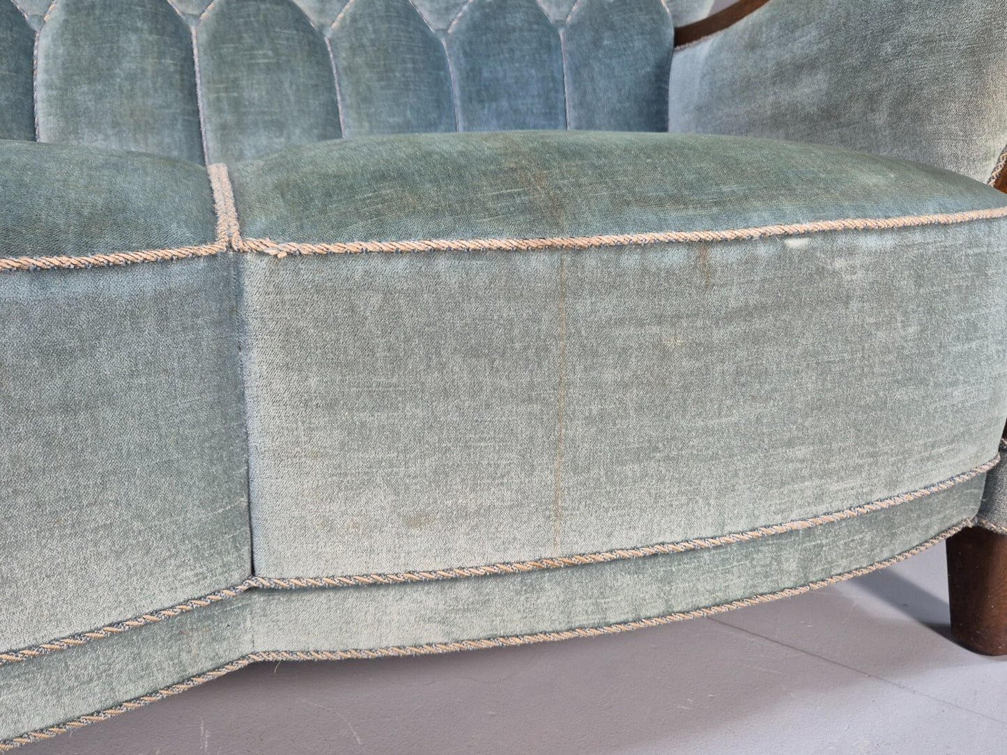 Vintage Danish Art Deco Sofa Blue Velvet Velour Oak Frame Shell Back EB9591 V3SS - UKDK FURNITURE