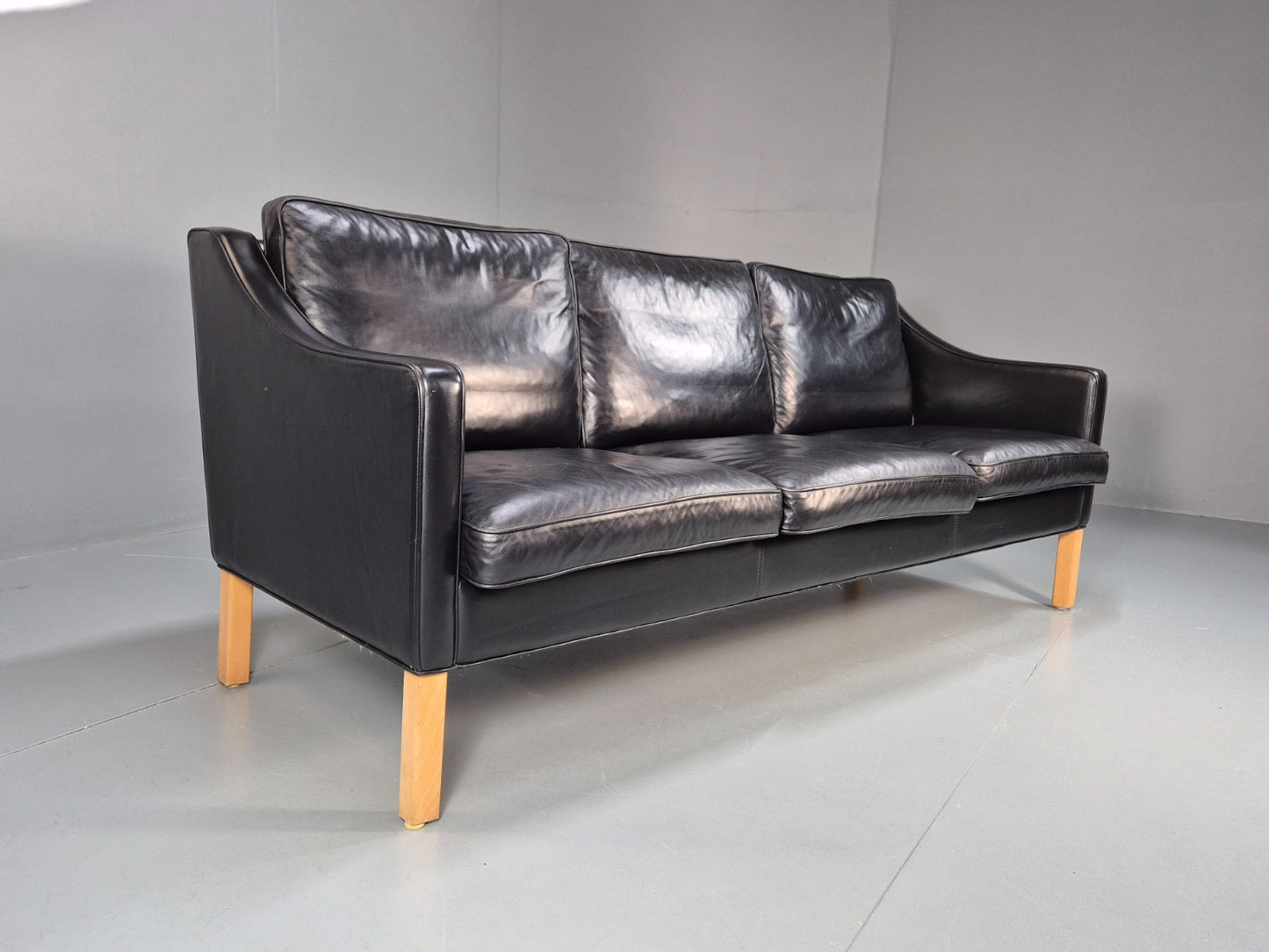 Vintage 3 Seater Leather Sofa Danish Mogensen Style Black 1980s EB10689 M3SS2