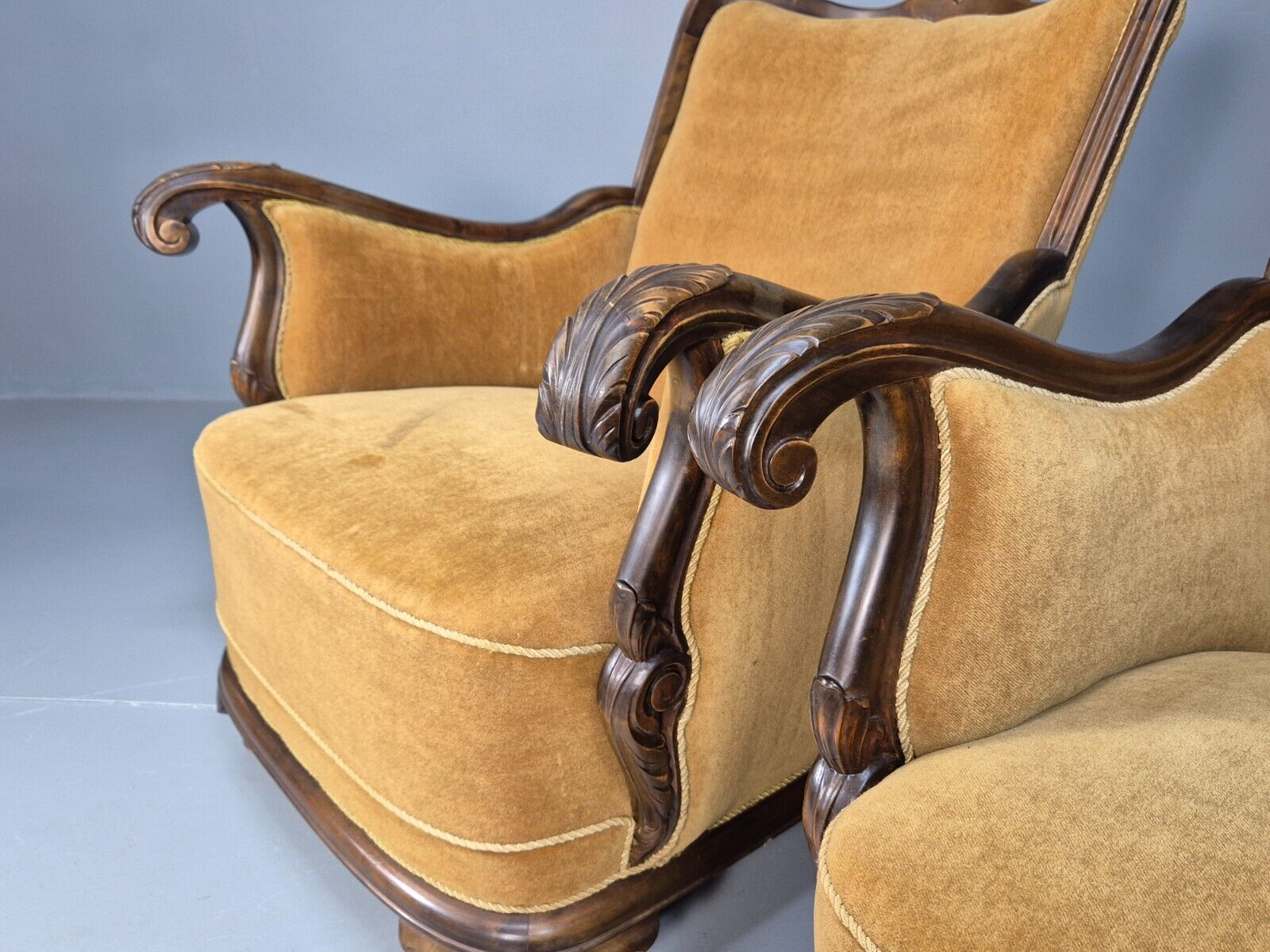 2 Vintage Danish Antique Chairs Gold Velour 1930s Carved Wood EB8969 VCLO - UKDK FURNITURE