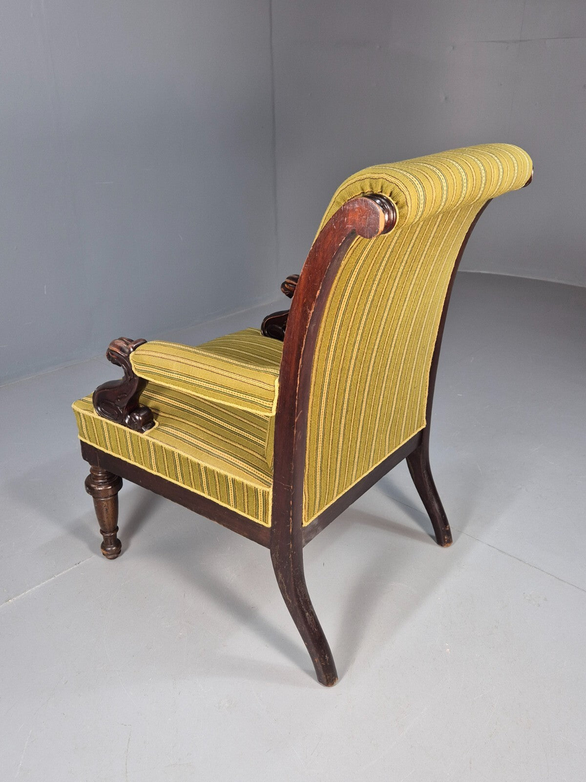 Antique Green Striped Armchair Carved Lion Figures Danish Mahogany EB9626 VCAR - UKDK FURNITURE