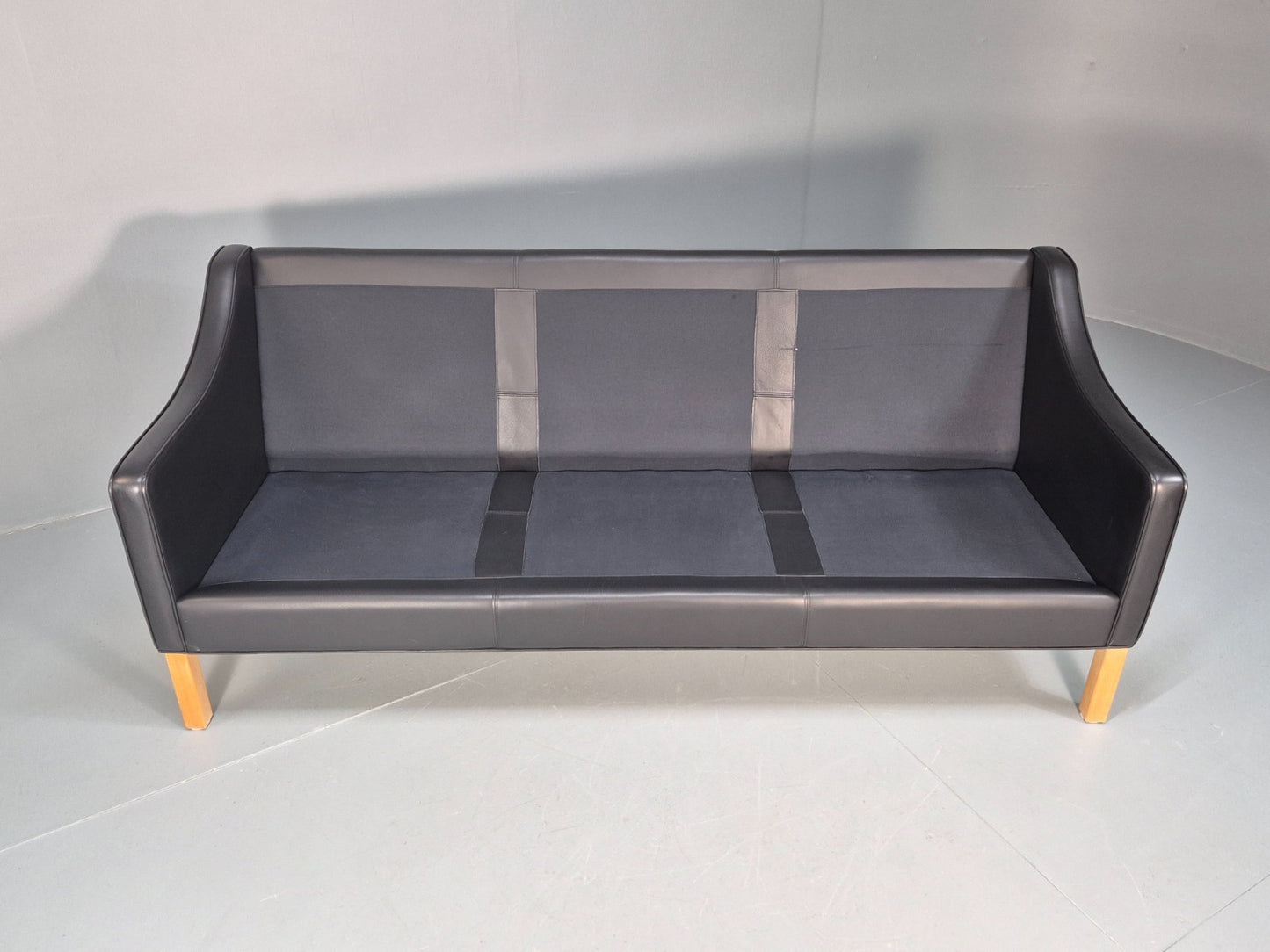 Vintage Hurup Danish 3 Seat Black Leather Sofa Mogensen 1980s Retro EB9966 M3SS6