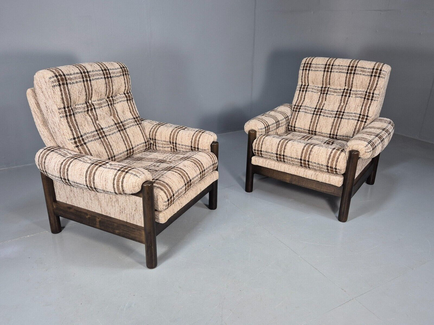 2 Vintage Danish Lounge Chair Brown and Cream Wool Retro 1970s MCM EB8494 MNOR - UKDK FURNITURE