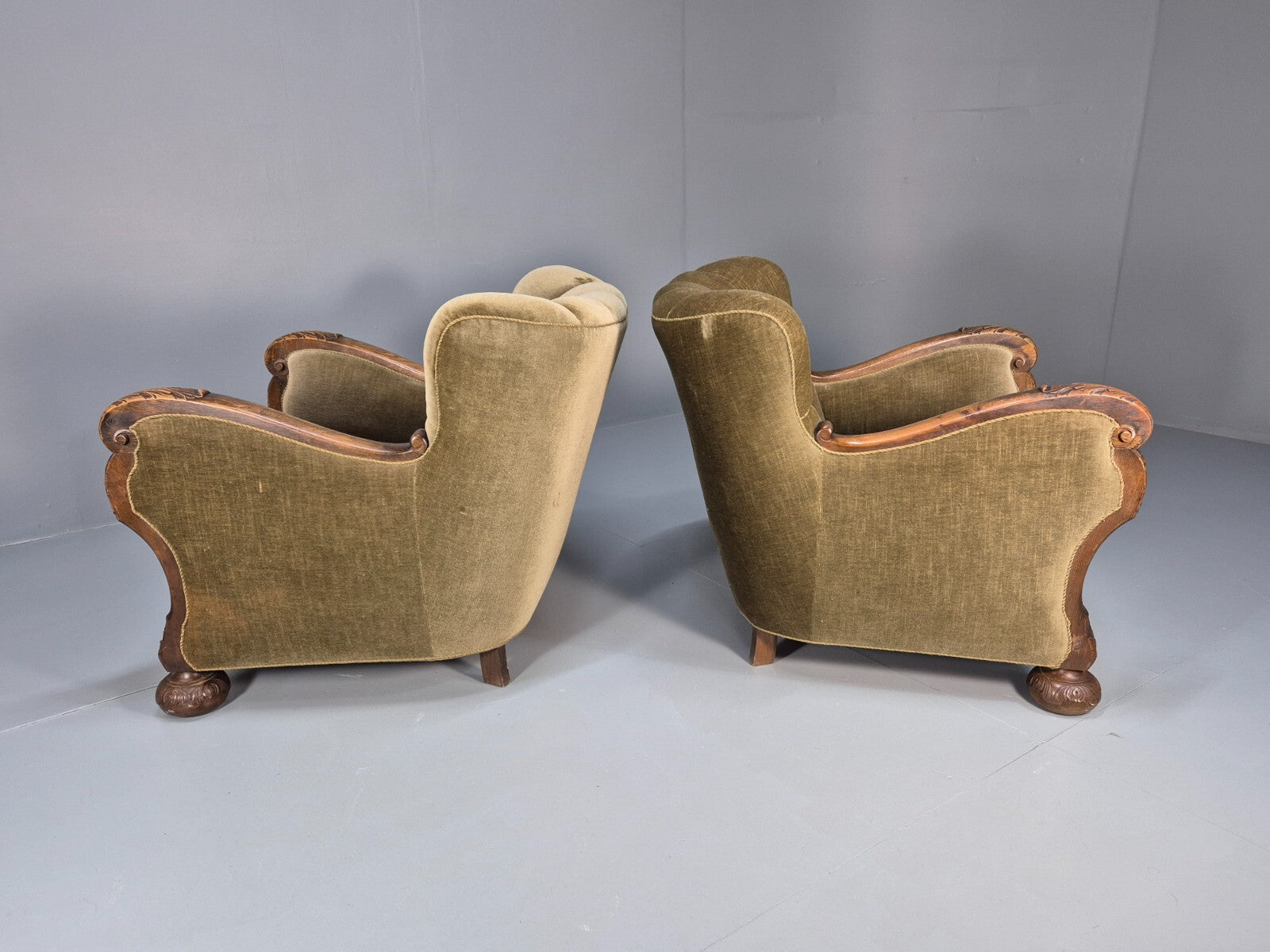 2 Antique Carved oak Danish Lounge Chairs Mink Velour Fan Back 1930s EB9557 VCLO - UKDK FURNITURE