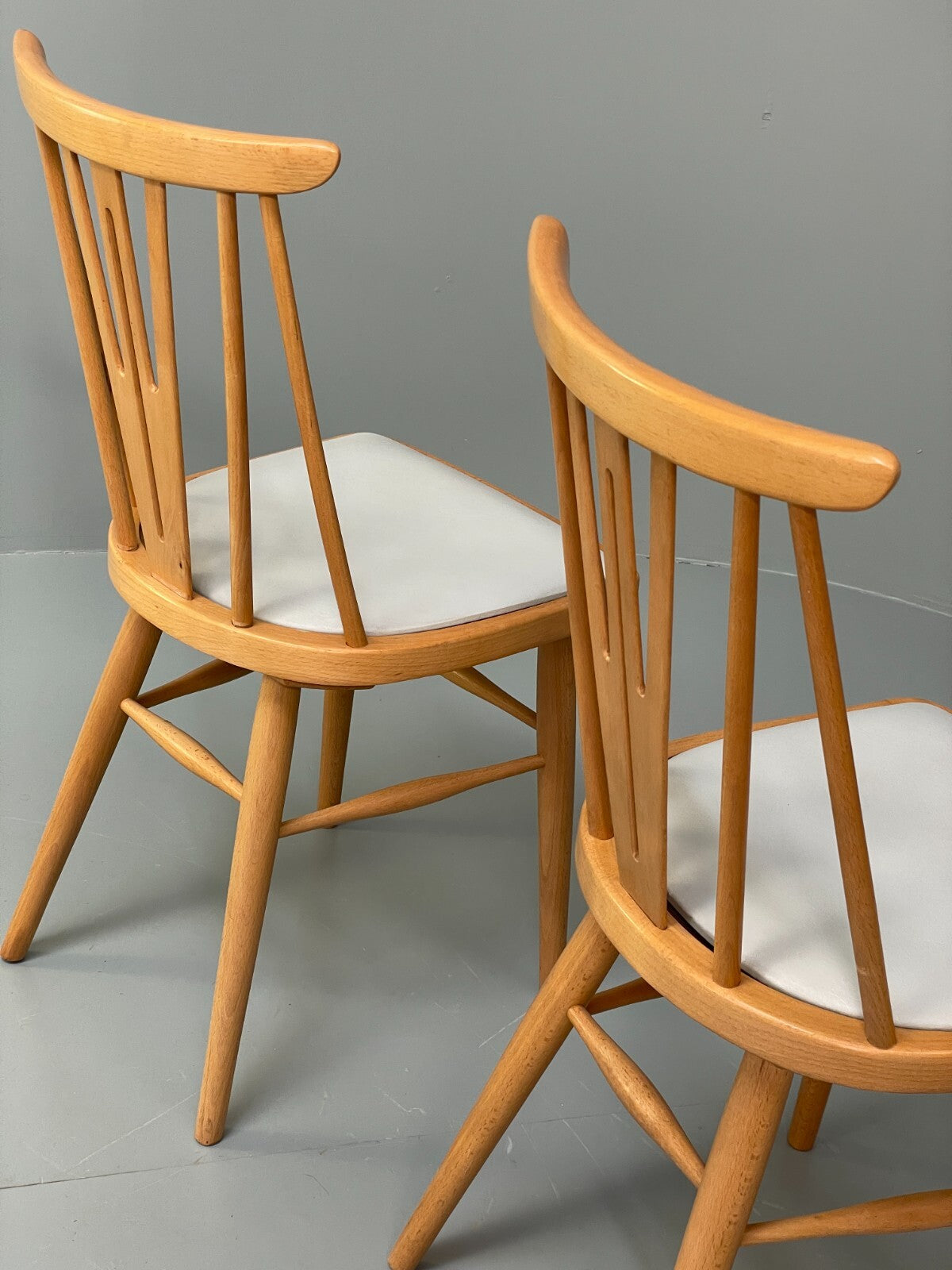 Mid Century Beech Dining Chairs Pair Off White Vinyl 1960s EB9779 MDIN - UKDK FURNITURE
