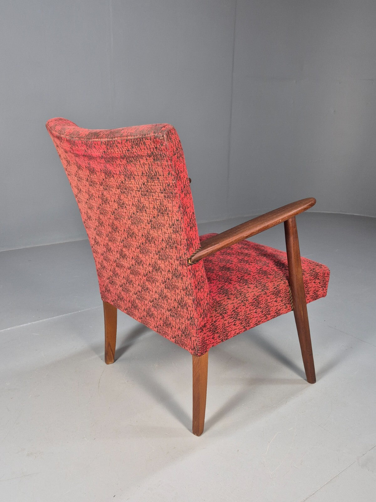 Mid Century Danish Armchair Teak Wood Red Pattern Fabric Vintage 60s EB9598 MNOR - UKDK FURNITURE