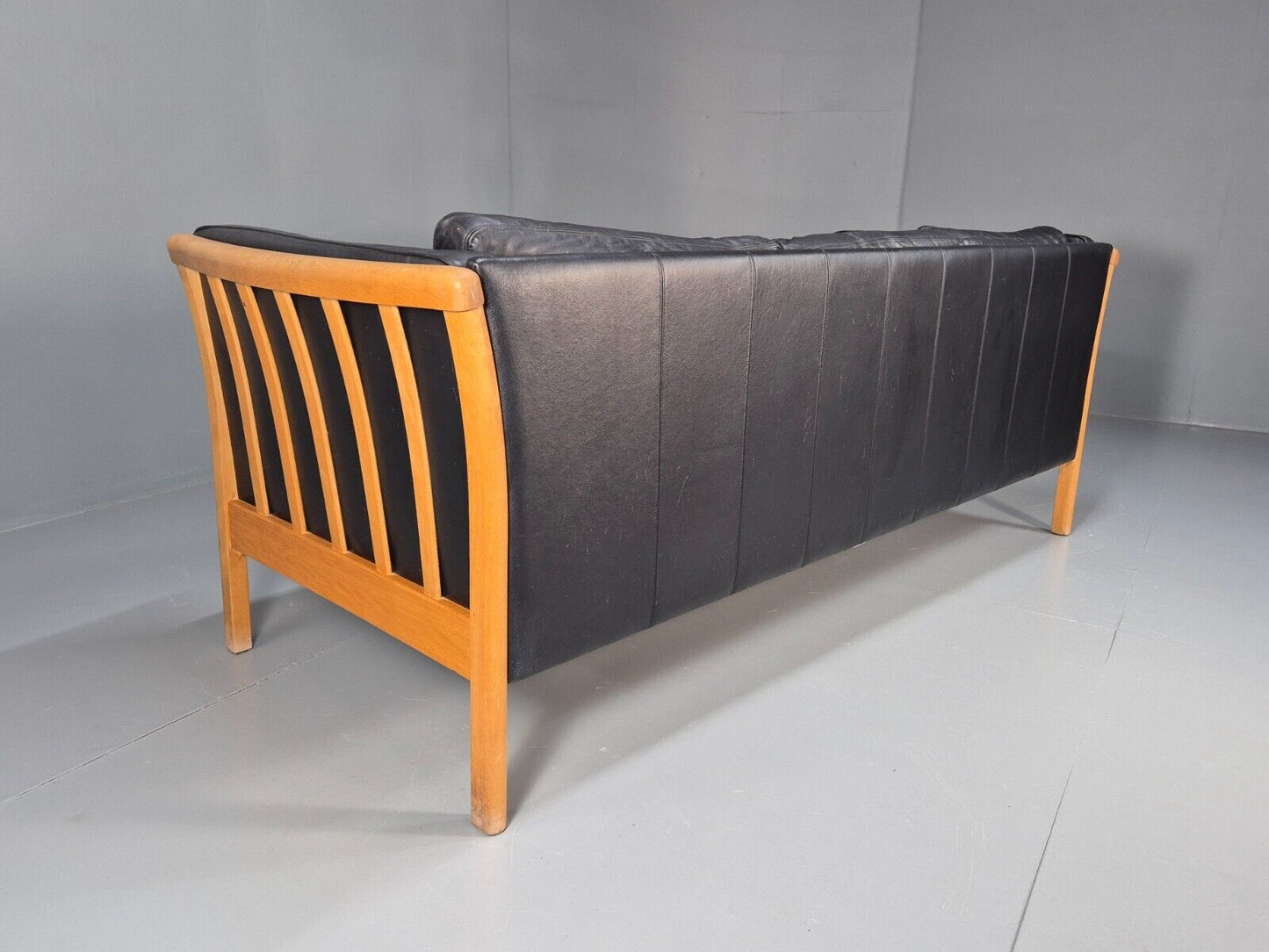 Vintage 3 Seat Sofa Black Leather Beech Ends Stouby Retro 1980s MCM EB8593 M3SS - UKDK FURNITURE