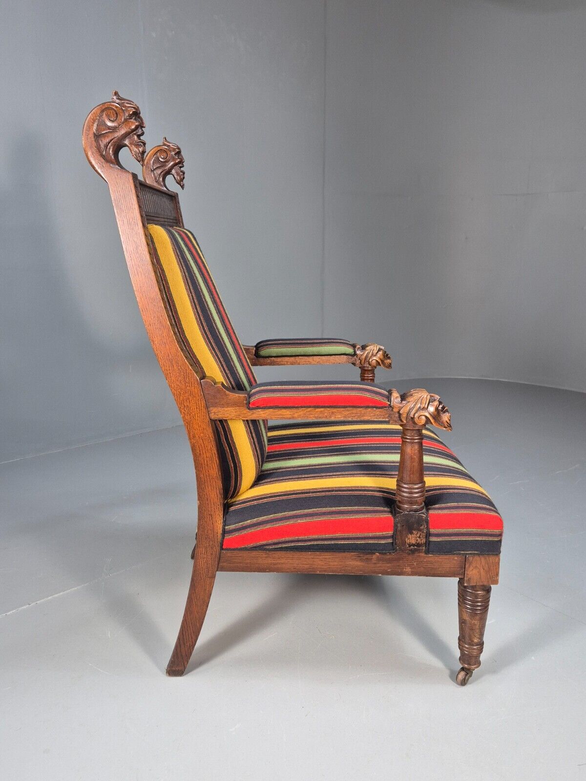 Vintage Danish Lounge Chair Multicoloured Carved Oak Figures Antique EB8951 VCLO - UKDK FURNITURE