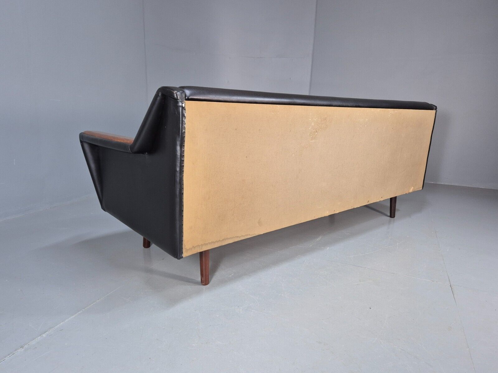 Vintage Danish Sofa Bed Black Vinyl Teak Paws Legs Reupholstery MCM EB7273 M4SS - UKDK FURNITURE