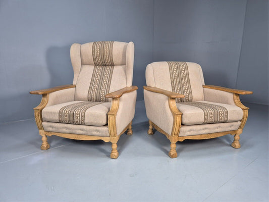 2 Vintage Danish Lounge Chairs Cream Wool Oak Kjaernulf Retro 1970s EB8020 MNOR - UKDK FURNITURE