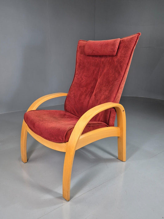 Vintage Danish Lounge Chair Red Cloth Oak Frame Reclines 1980s Retro EB7424 MBEN - UKDK FURNITURE