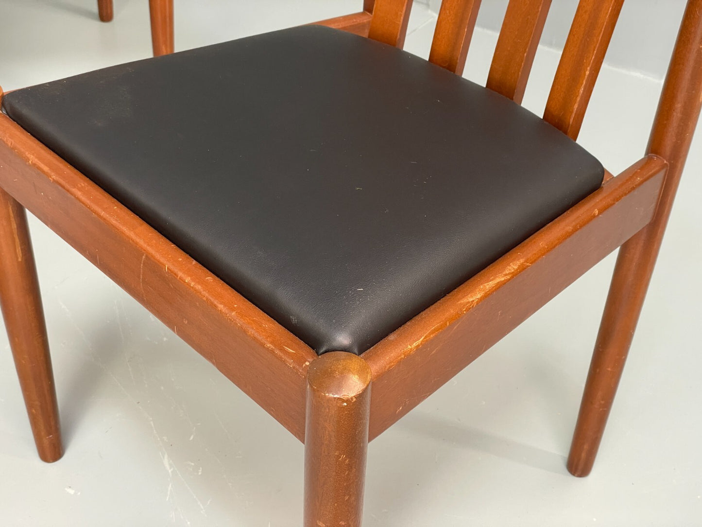 Vintage Meredew Dining Chairs Six Mahogany Teak 1970s Black Vinyl EB9726 MDIN - UKDK FURNITURE