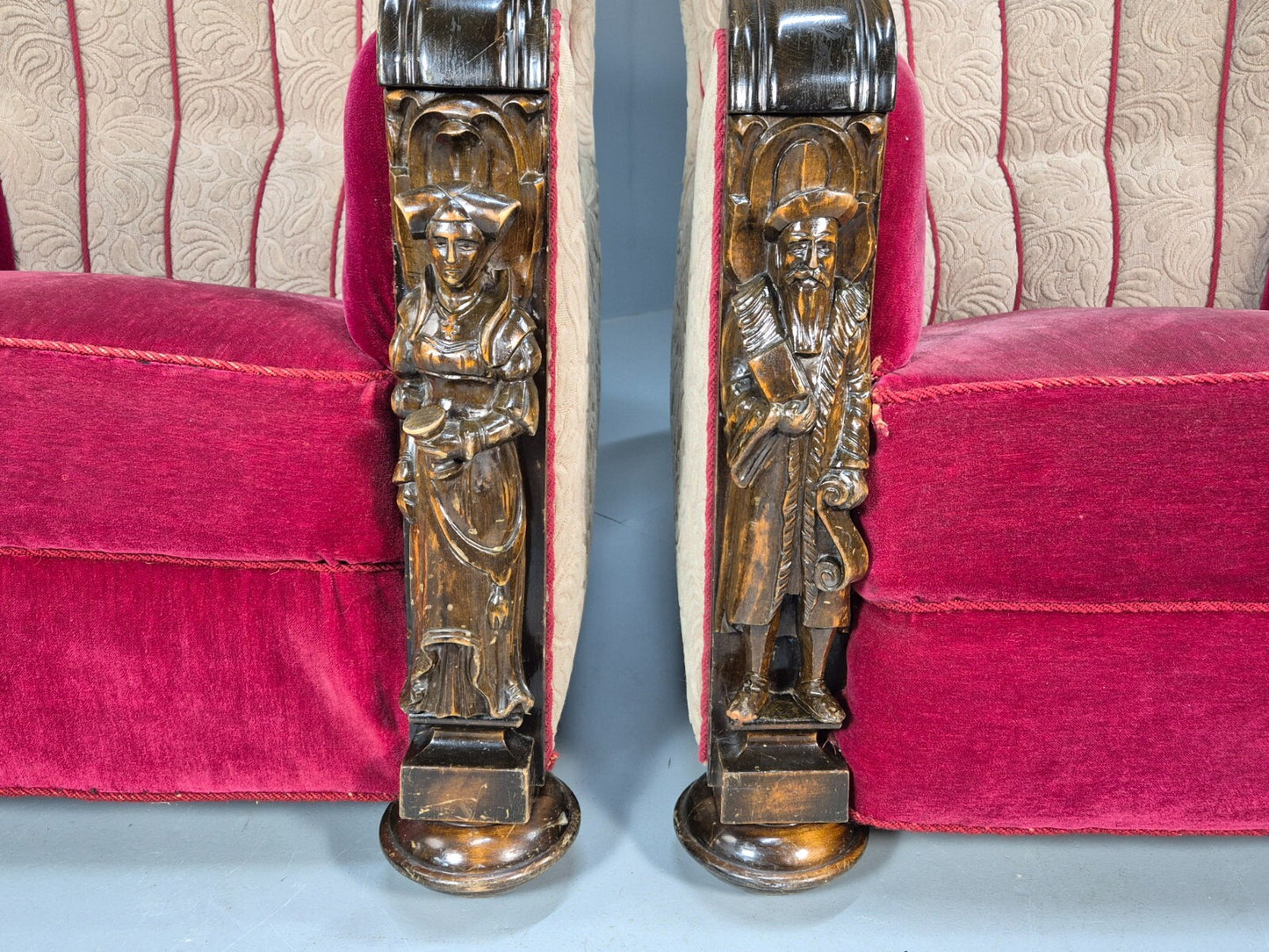 Art Deco Style Armchairs Pair Carved Oak Figures Creme Red Velour EB9586 VCAR - UKDK FURNITURE