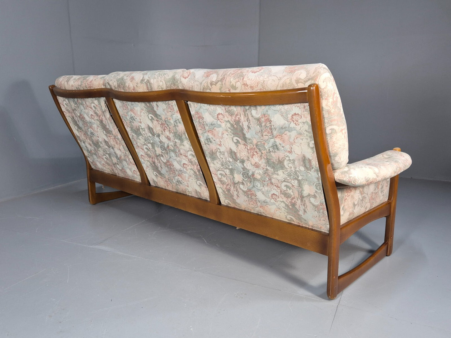 Vintage 1970s Wood Frame 3 Seat Sofa Floral Cotton Upholstery Retro EB9474 M3SS - UKDK FURNITURE