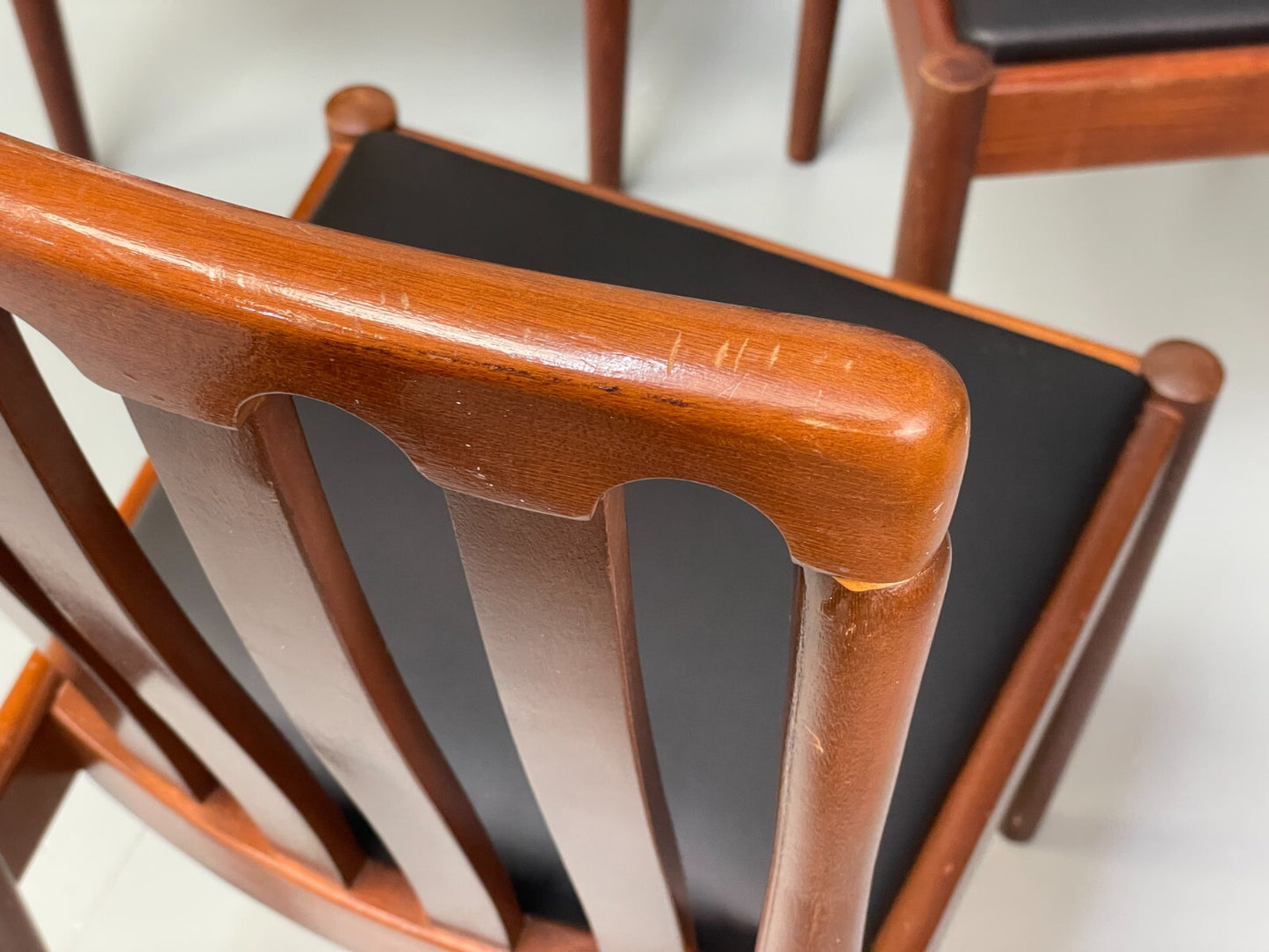 Vintage Meredew Dining Chairs Six Mahogany Teak 1970s Black Vinyl EB9726 MDIN - UKDK FURNITURE