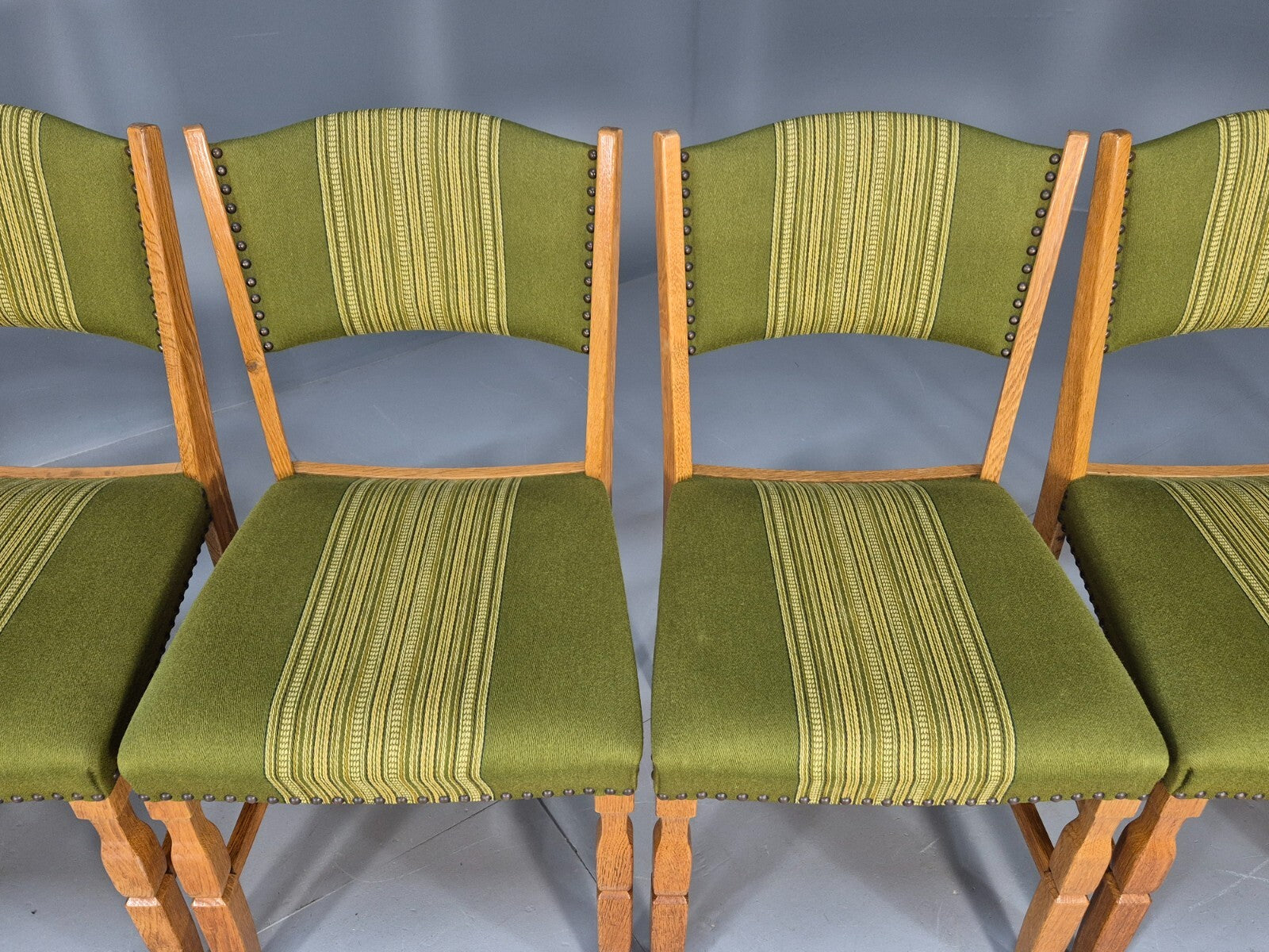 6 Kjaenulf Oak Danish Dinning Chairs Green Stripe Upholstery 1970s EB9536 MDIN - UKDK FURNITURE