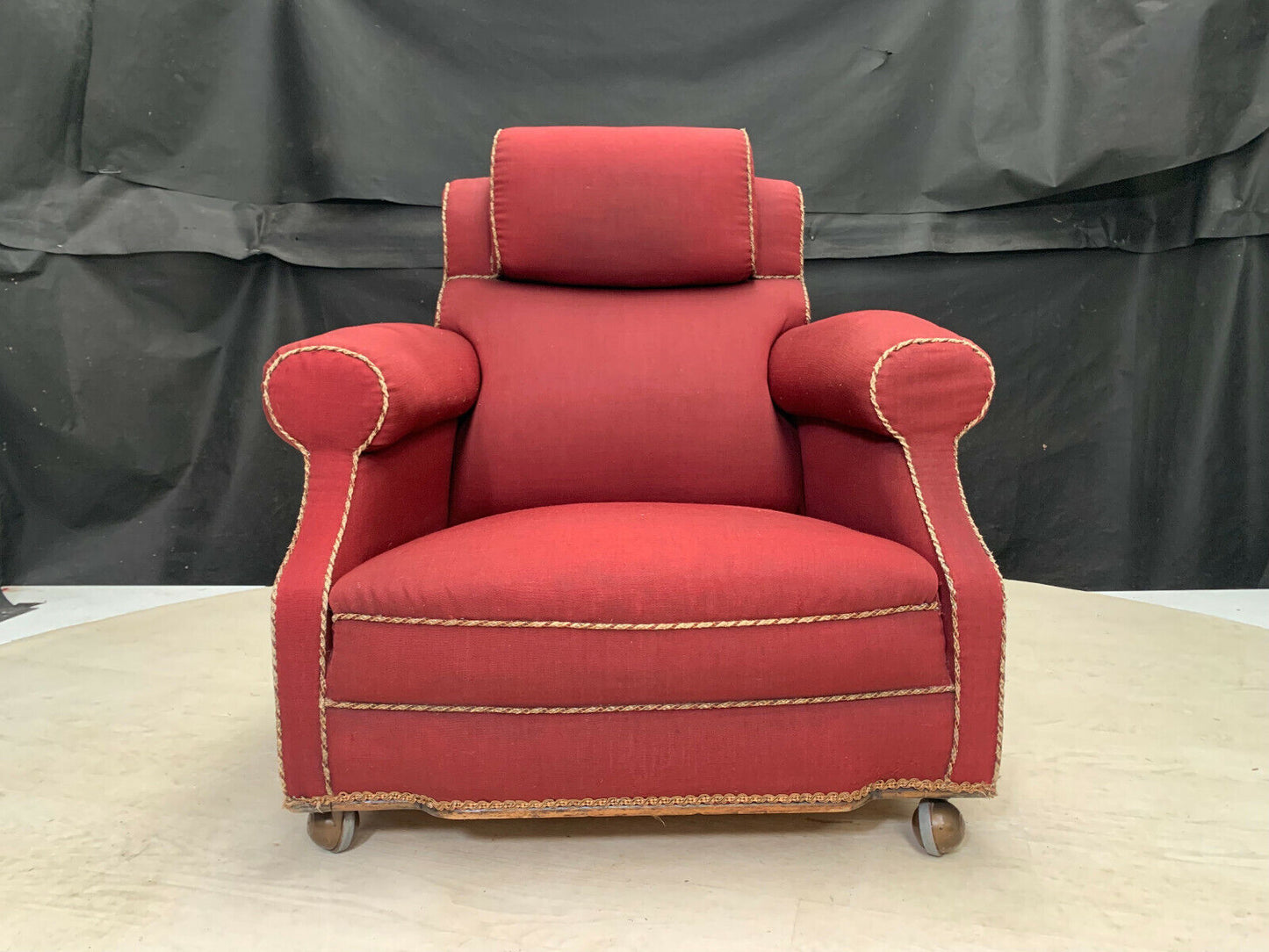 EB2597 Dark Red Fabric Arm Chair with Castors for Reupholstery VintageVCLO - UKDK FURNITURE