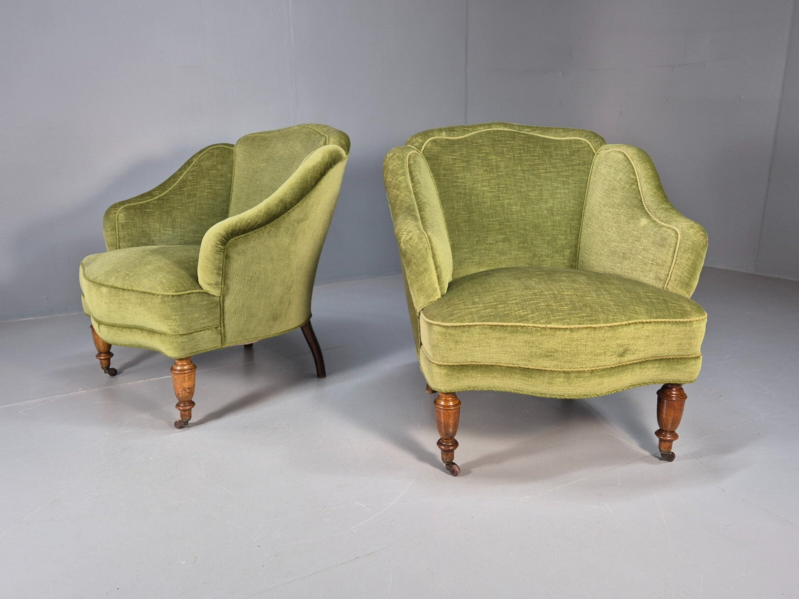 2 Vintage Danish Antique Tub Chairs Green Velour 19th Century EB9033 VCLO - UKDK FURNITURE