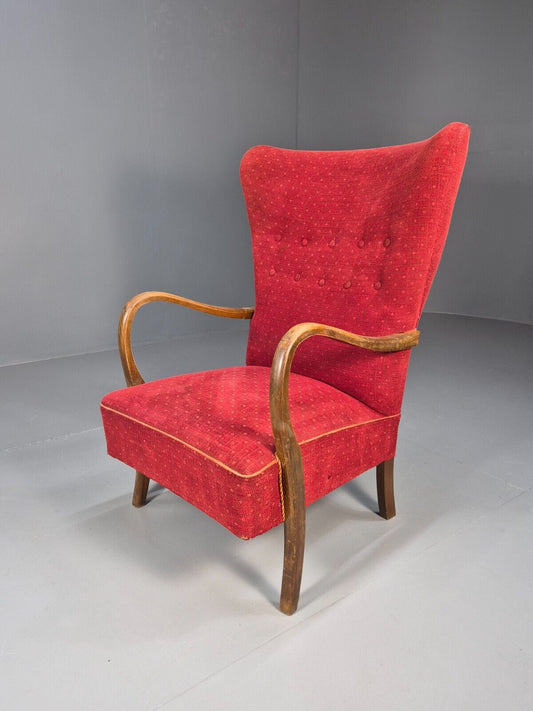 Vintage 1950s Danish Lounge Chair Red Patterned Velour Beech Arms EB8962 MNOR - UKDK FURNITURE
