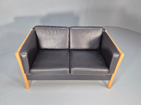 Vintage Danish 2 Seart Sofa Black Leather Wood Ends 1980s Retro MCM EB8629 M2SS - UKDK FURNITURE