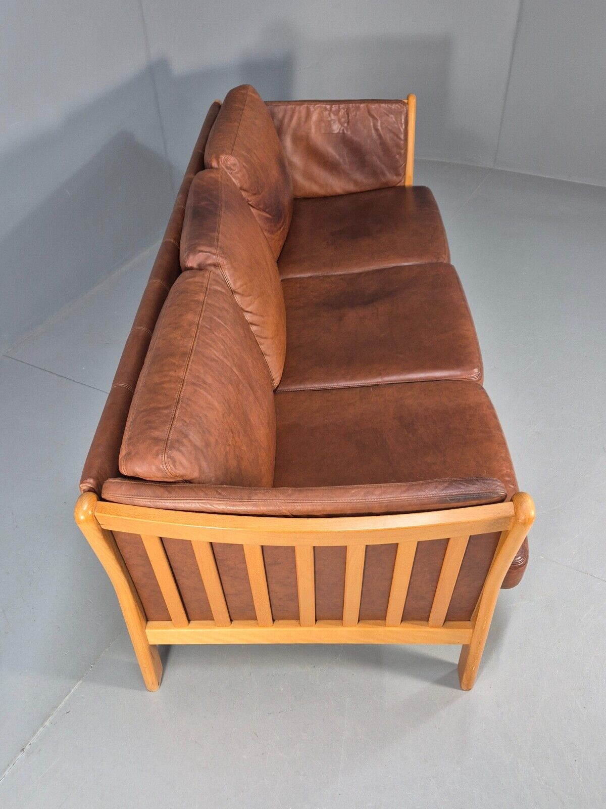 Vintage Danish 3 Seat Sofa Tan Leather Beech Ends Stouby Style MCM EB8751 M3SS - UKDK FURNITURE
