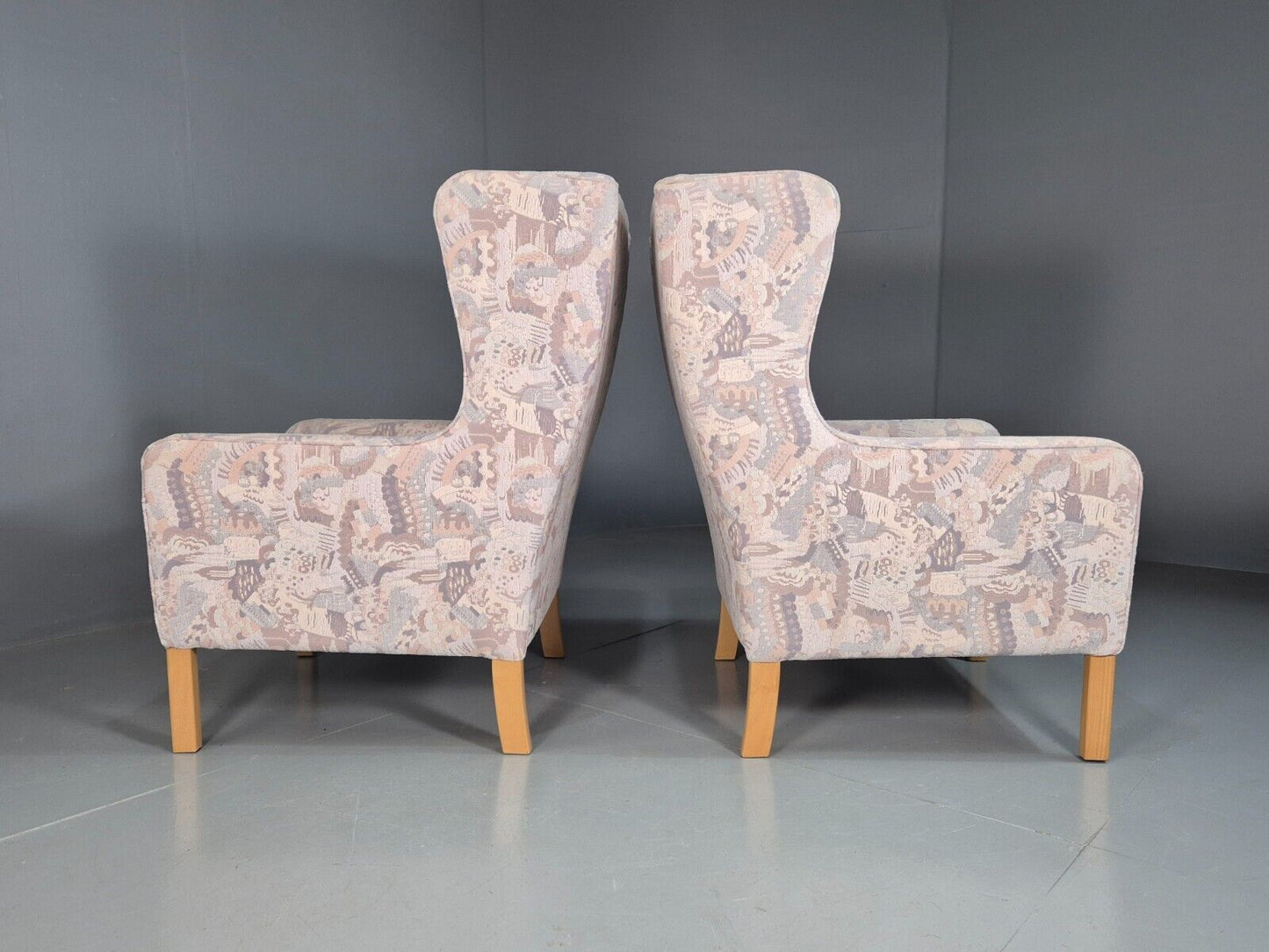 2 Vintage Danish Wing Back Lounge Chairs Cotton 1980s Fabric Retro EB8289 MNOR - UKDK FURNITURE