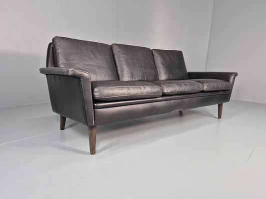 Vintage 1960s 3 Seat Sofa Danish Mid Century Design Black Leather EB10068 M3SS1
