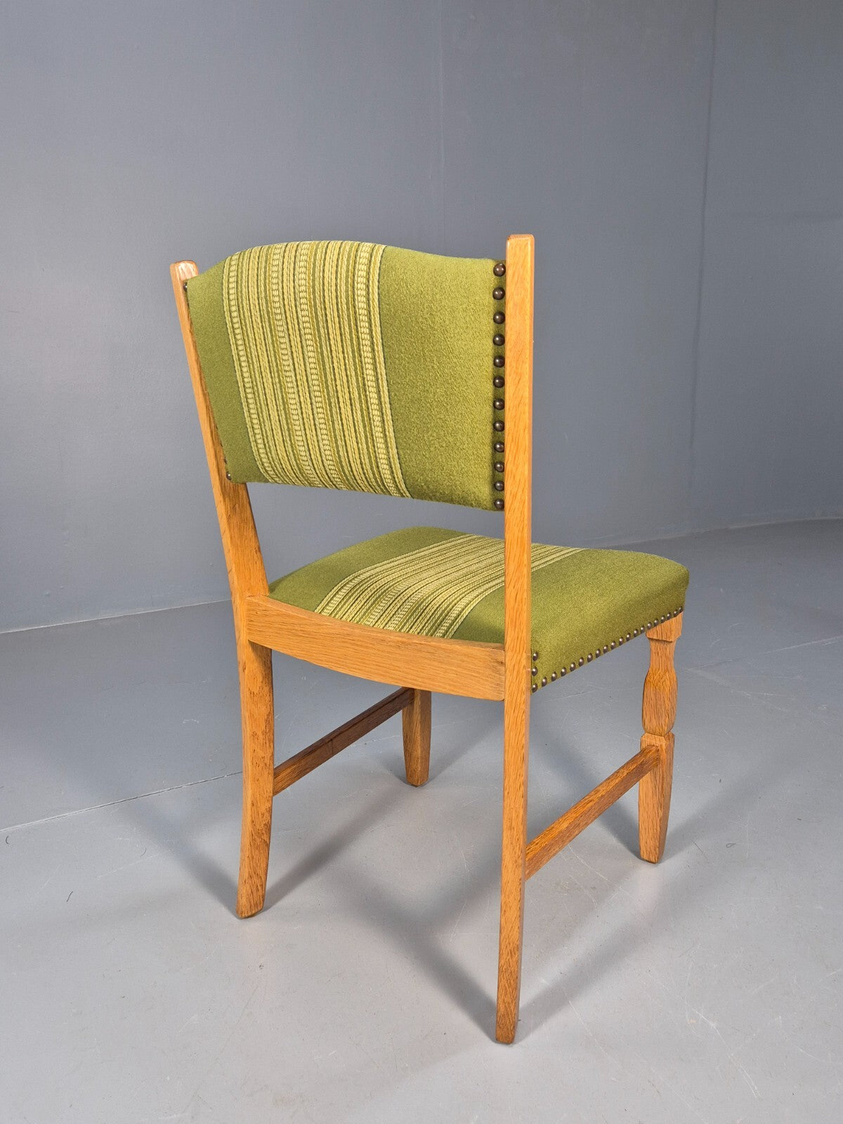 6 Kjaenulf Oak Danish Dinning Chairs Green Stripe Upholstery 1970s EB9536 MDIN - UKDK FURNITURE