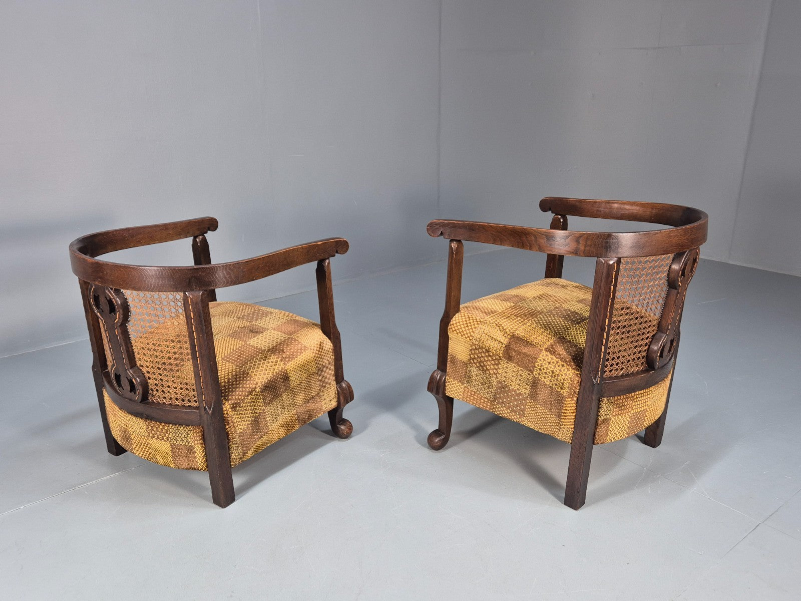 Pair Art Deco Tub Chairs Bergere Back Oak Frame Brown Velour 1930s EB10696 VCAR12