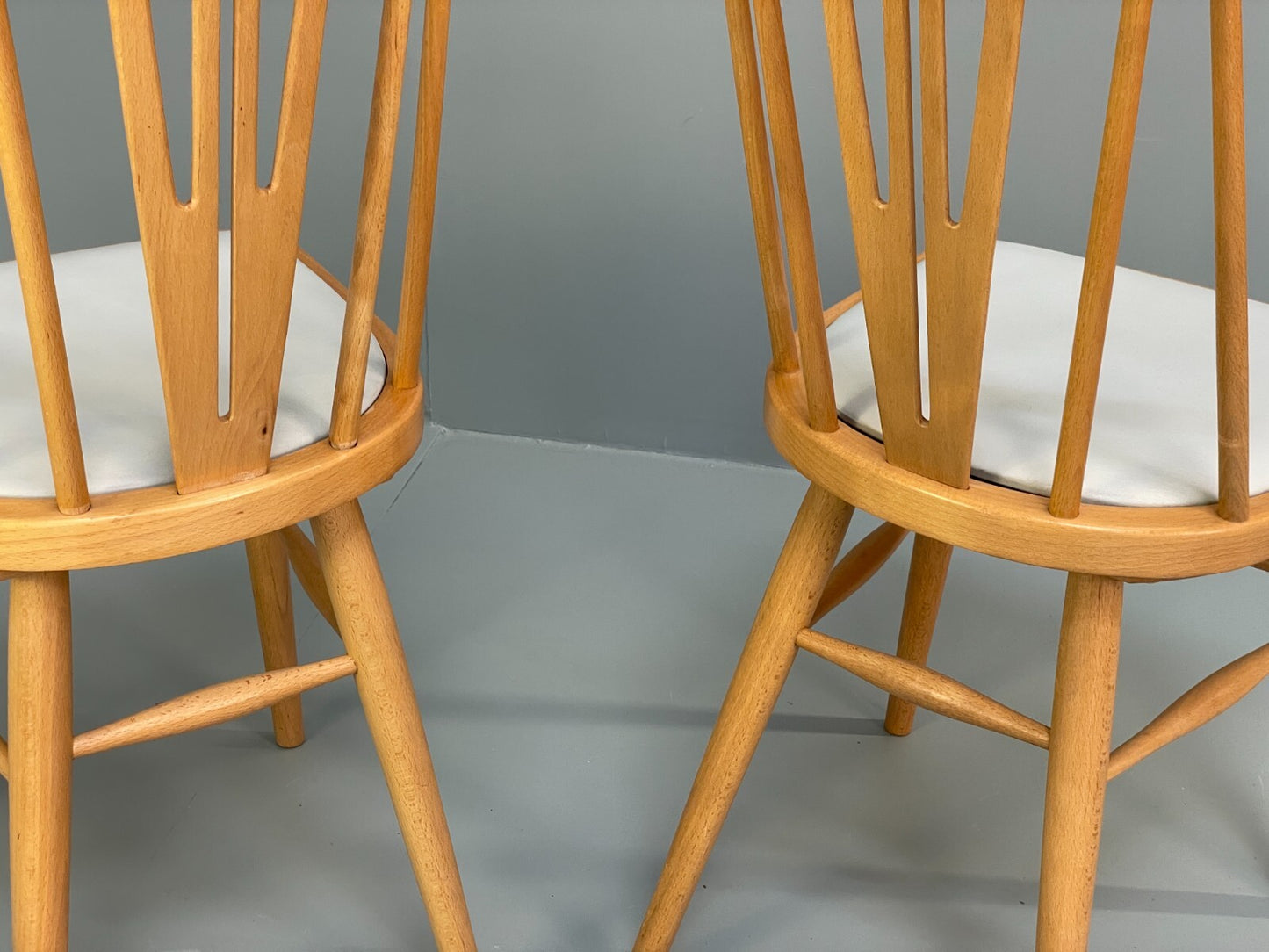Mid Century Beech Dining Chairs Pair Off White Vinyl 1960s EB9779 MDIN - UKDK FURNITURE