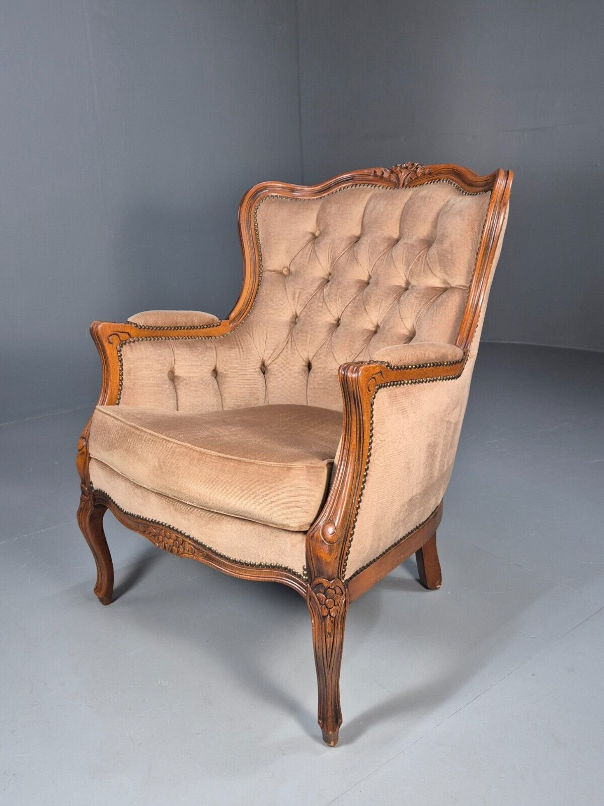 Vintage Danish Lounge Chair Beige Velour Beech Antique French Style EB8926 VCLO - UKDK FURNITURE
