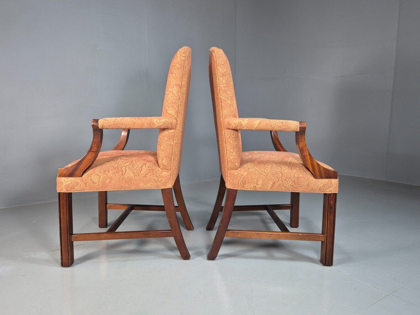 2 Vintage Lounge Chair Peach Floral Cotton Georgian Style 1980 Repro EB8215 VCLO - UKDK FURNITURE