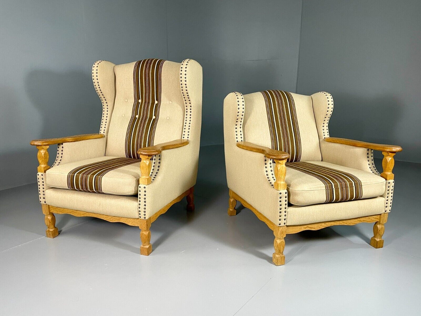 EB6491 Vintage Danish Pair of Armchairs Oak Frame Cream and Brown Fabric VCLO - UKDK FURNITURE