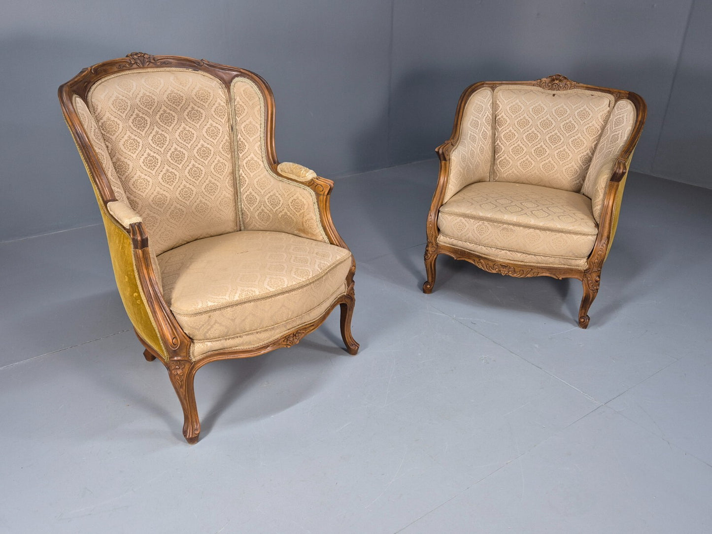 High and Low Back Danish Antique Rococo Style Lounge Chairs Damask EB9036 VCLO - UKDK FURNITURE