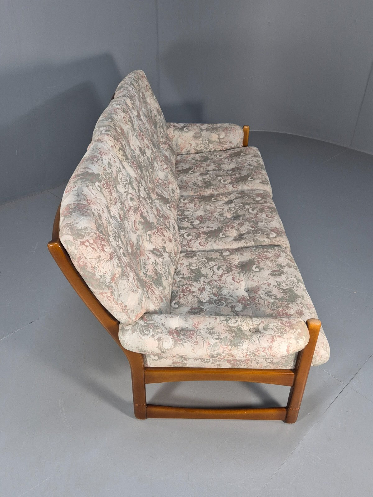 Vintage 1970s Wood Frame 3 Seat Sofa Floral Cotton Upholstery Retro EB9474 M3SS - UKDK FURNITURE