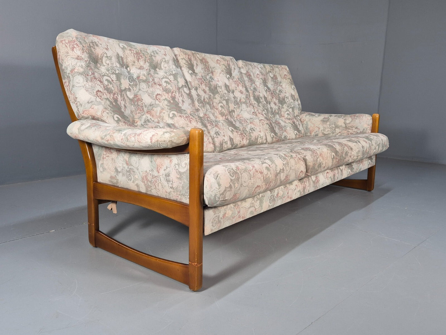 Vintage 1970s Wood Frame 3 Seat Sofa Floral Cotton Upholstery Retro EB9474 M3SS - UKDK FURNITURE