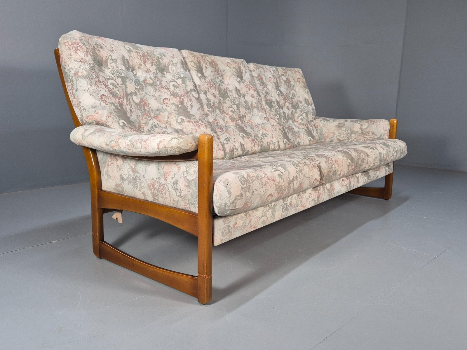 Vintage 1970s Wood Frame 3 Seat Sofa Floral Cotton Upholstery Retro EB9474 M3SS - UKDK FURNITURE