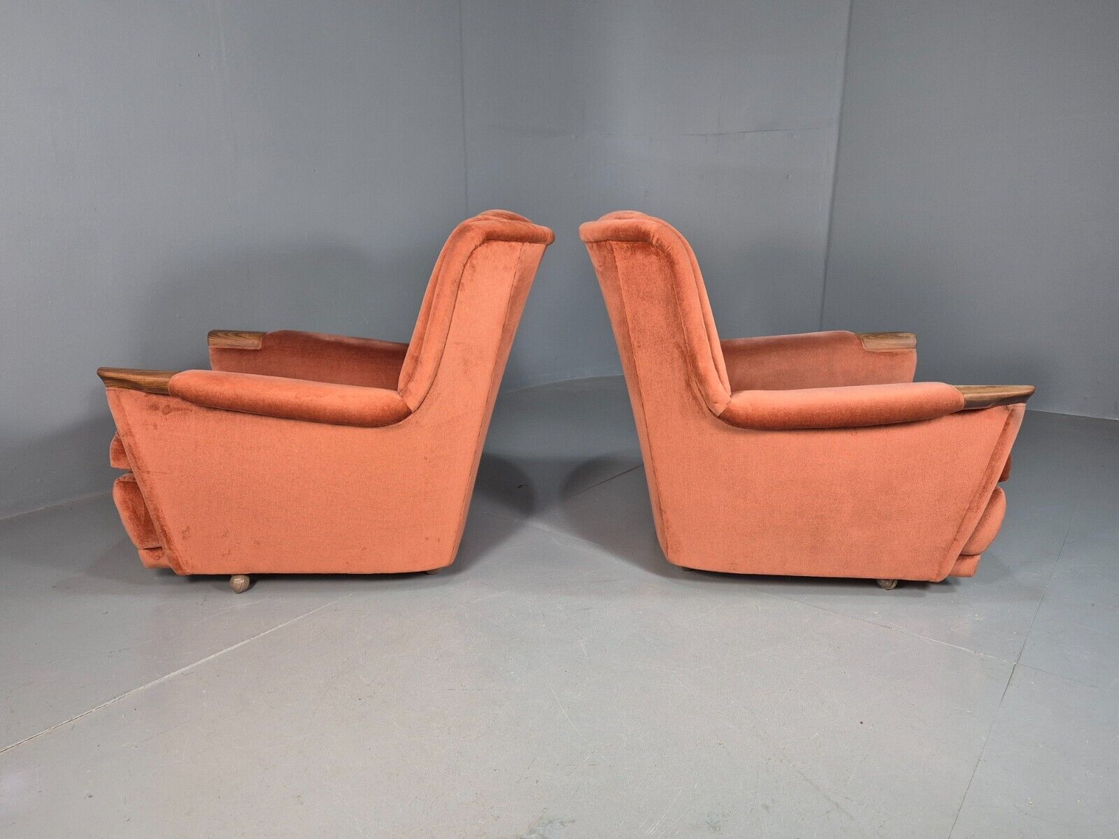 2 Vintage Lounge Chairs Pink Velour Teak Paws 1960s Retro EB8203 MNOR - UKDK FURNITURE