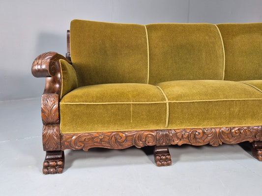 Vintage Danish Baroque Style 3 Seat Settee Green Velour Antique 1920 EB9653 V3SS - UKDK FURNITURE