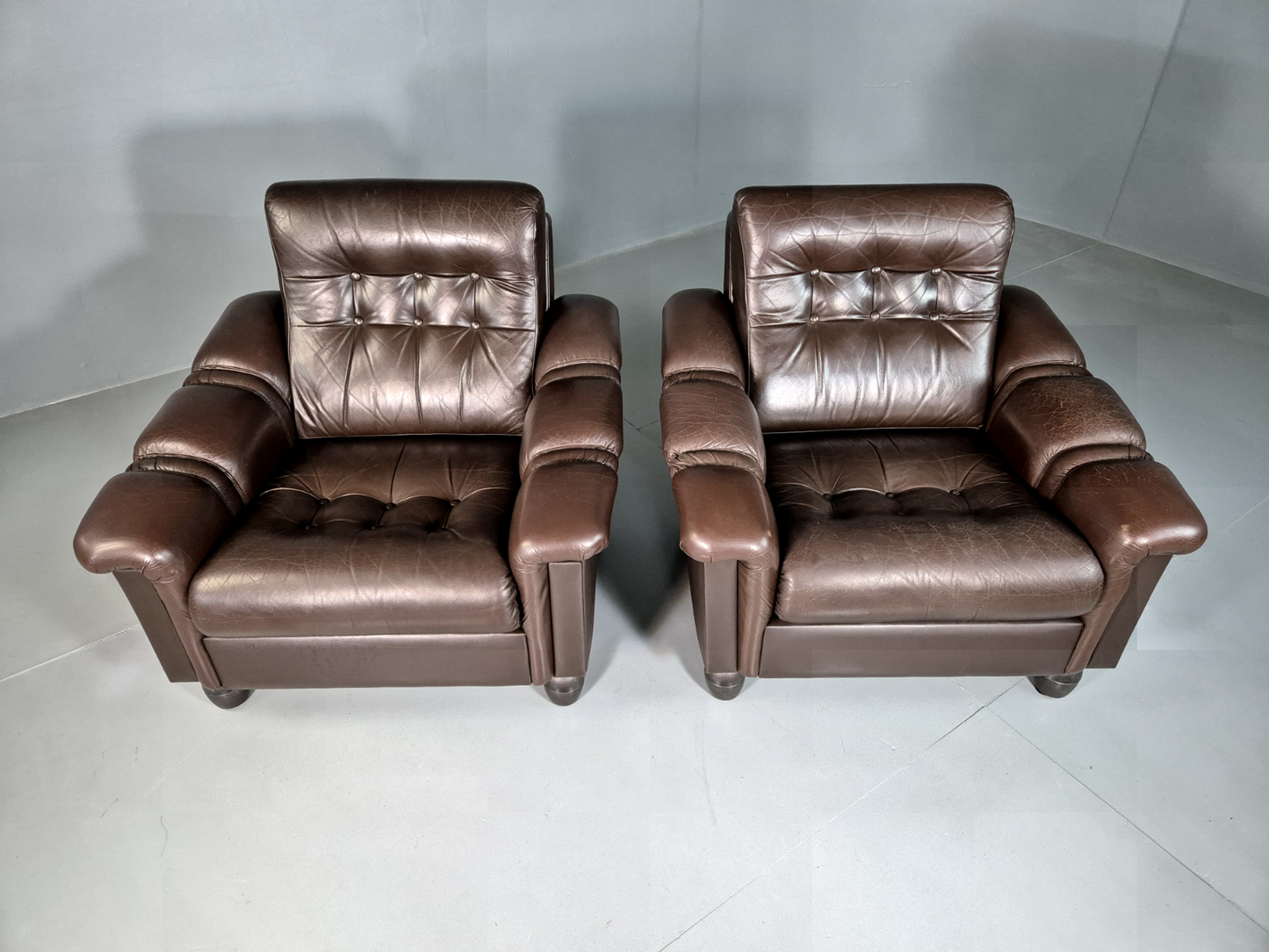 2 Vintage Danish Lounge Chairs Brown Leather Vinyl Retro MCM 1970s EB7177 MNOR - UKDK FURNITURE