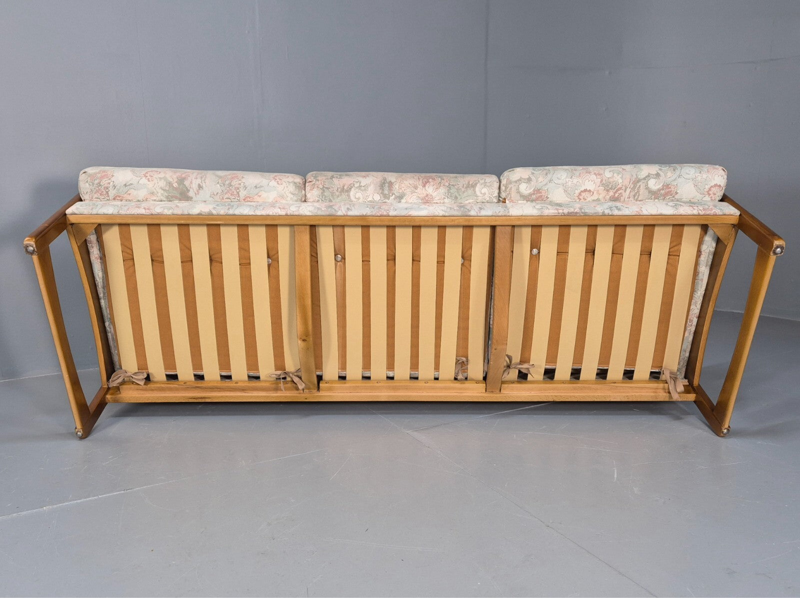 Vintage 1970s Wood Frame 3 Seat Sofa Floral Cotton Upholstery Retro EB9474 M3SS - UKDK FURNITURE