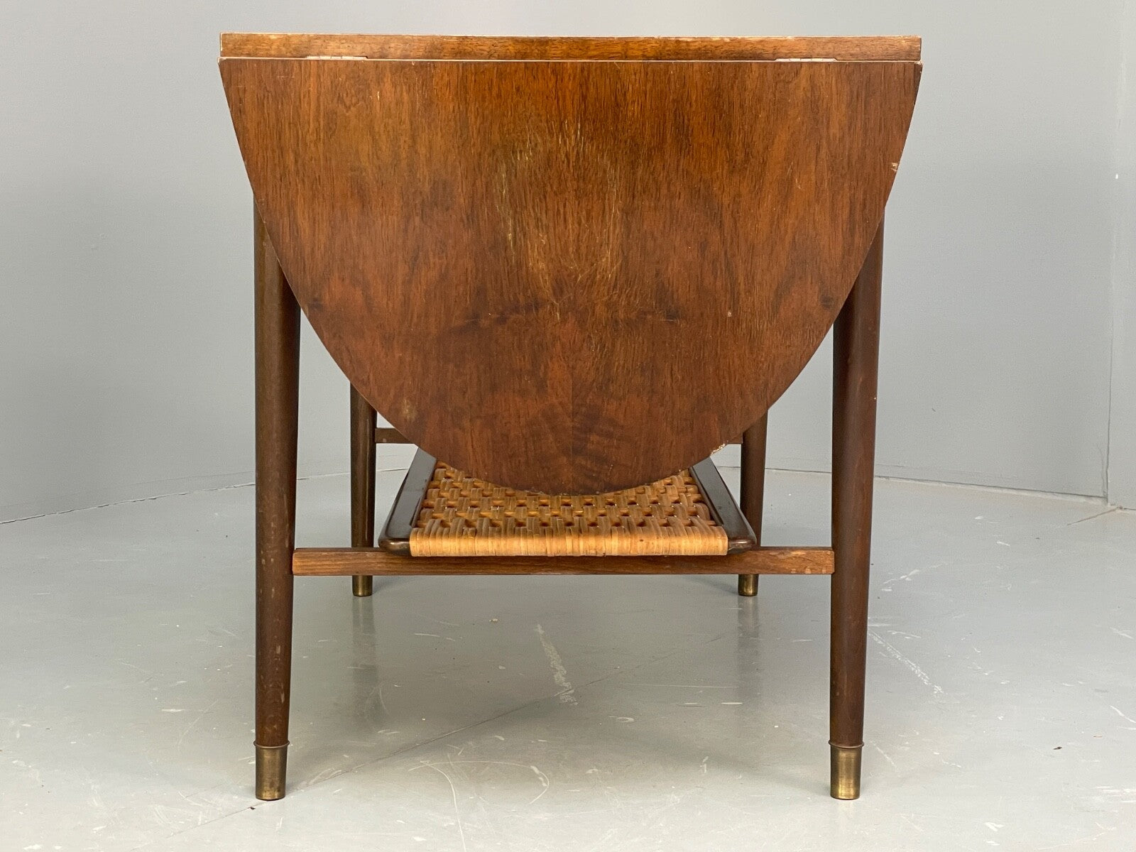 Vintage Walnut Extending Coffee Table Rattan Shelf Drawers 1950s EB9441 MWOO - UKDK FURNITURE