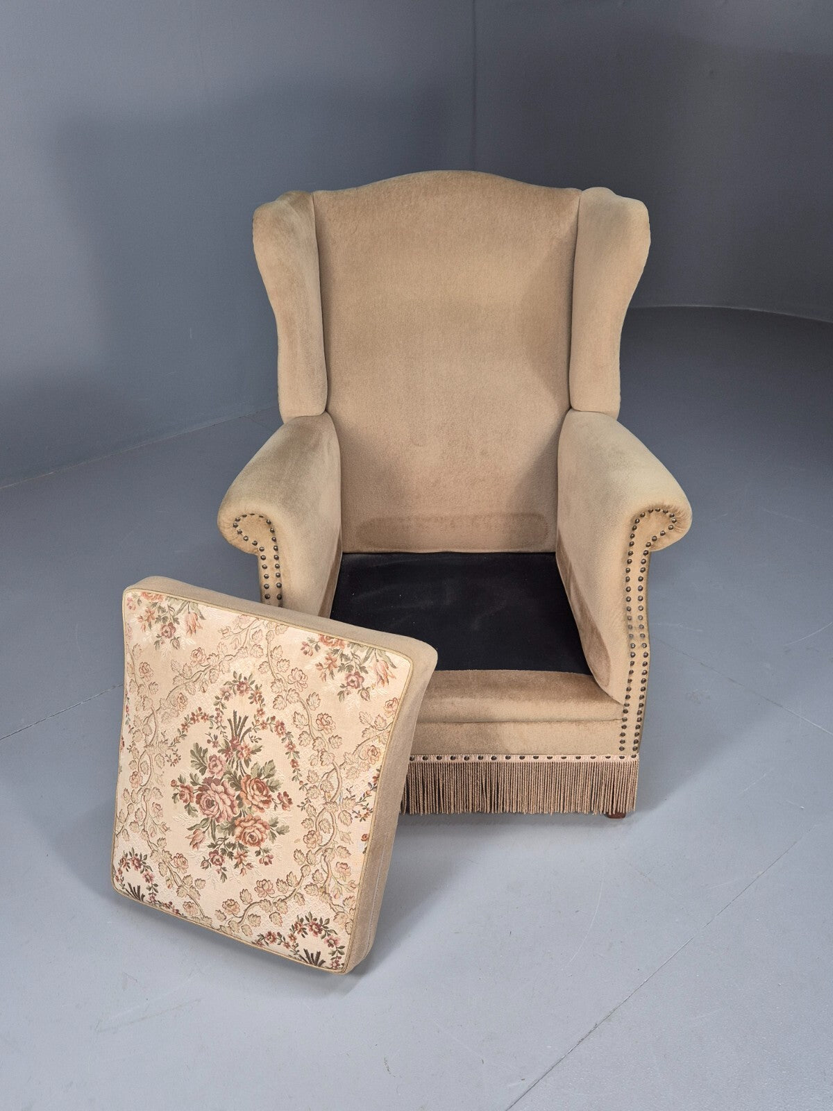 Vintage Danish Wing Back Lounge Chair 1950s Retro Tassels and Floral EB9013 VCLO - UKDK FURNITURE