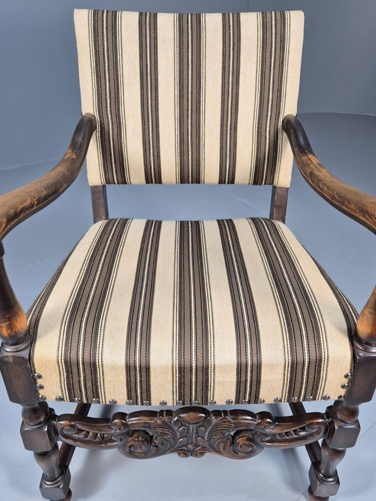 Vintage Danish Baroque Style Elbow Chair Striped Wool Upholstery EB9383 VCAR - UKDK FURNITURE